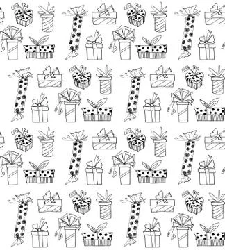 Seamless pattern with gift boxes bows and ribbons. Cute hand drawn doodles. C Stock Illustration
