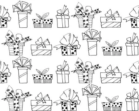 Seamless pattern with gift boxes bows and ribbons. Cute hand drawn doodles. C Stock Illustration