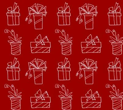 Seamless pattern with gift boxes bows and ribbons. Cute hand drawn doodles. C Stock Illustration