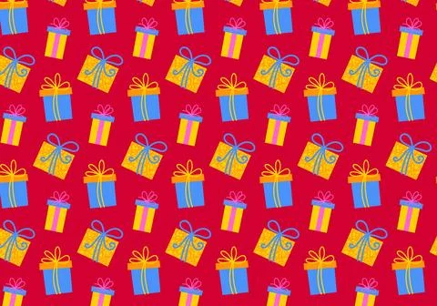 Seamless pattern with gift boxes with bows in red background. Stock Illustration
