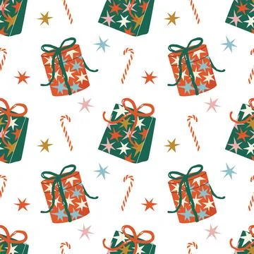 Seamless pattern with gift boxes candy canes and stars Stock Illustration