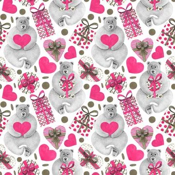 Seamless pattern with gift boxes, cute bear and hearts. Watercolor Stock Illustration