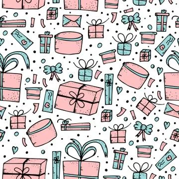 Seamless pattern of gift boxes. Endless background of holiday presents in doo Stockillustratie