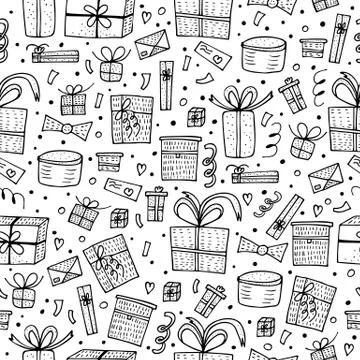 Seamless pattern of gift boxes. Endless background of holiday presents in doo Stock Illustration