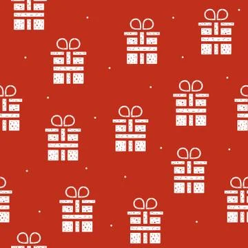 Seamless pattern of gift boxes in flat style on a red background. Stock Illustration