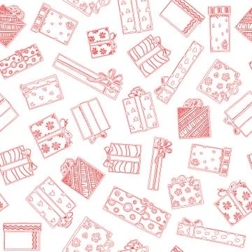 Seamless pattern with gift boxes. Hand drawing vector set with gifts. Illustrazione stock