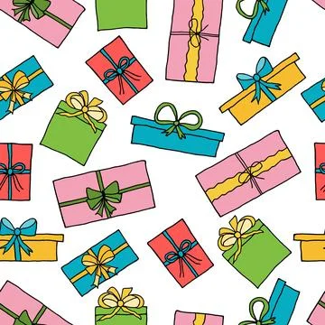 Seamless pattern, gift boxes in hand drawn style. Vector illustration. Illustrazione stock