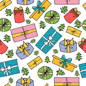 Seamless pattern, gift boxes in hand drawn style. Vector illustration. Illustrazione stock