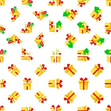 Seamless pattern with gift boxes, money and sale tags suggesting discounts and Illustrazione stock