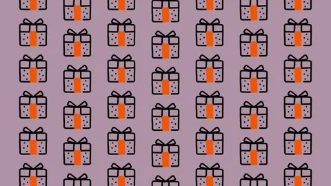 Seamless Pattern of Gift Boxes with Orange Ribbons on Purple Background. Stock Footage 325390072