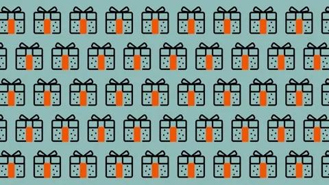 Seamless Pattern of Gift Boxes with Orange Ribbons on Teal Background. Stock Footage 325390077
