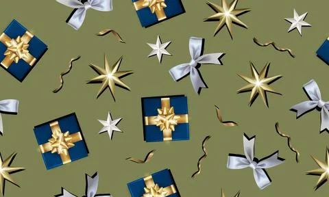 Seamless pattern of gift boxes , ribbon and gold stars on green background. Stock Illustration