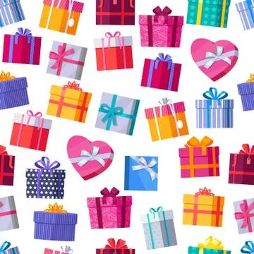 Seamless Pattern Gift Boxes with Ribbons and Bows 스톡 일러스트