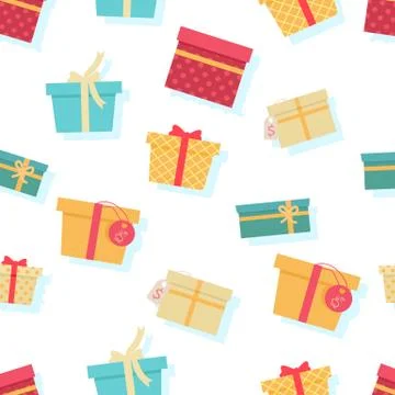 Seamless Pattern Gift Boxes with Ribbons and Bows 스톡 일러스트
