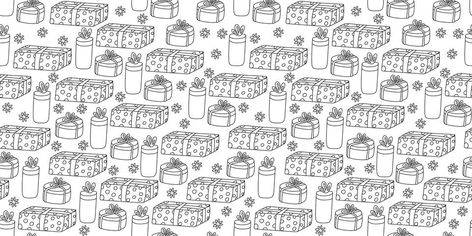 Seamless pattern with gift boxes tied with ribbons doodle. Stock Illustration