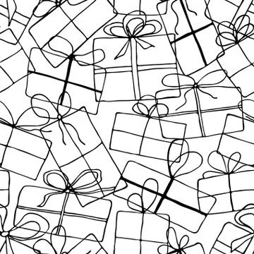 Seamless pattern with gift boxes. Vector hand drawn illustration, outline. Stock Illustration