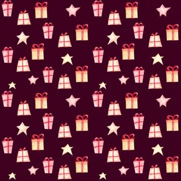 Seamless pattern with gift boxes on violet background. Stock Illustration