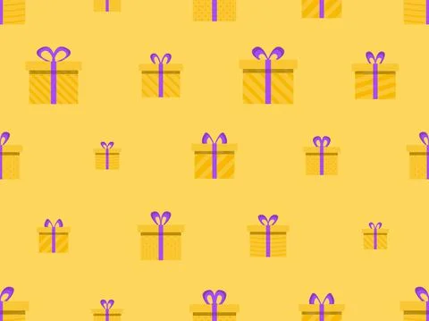 Seamless pattern with gift boxes on yellow background in flat style Illustrazione stock