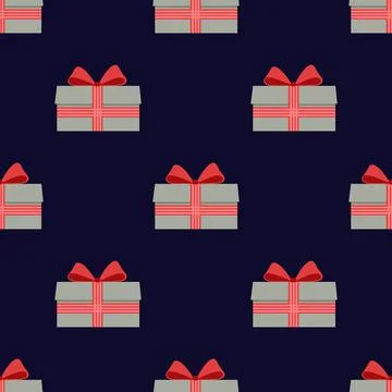 Seamless pattern of gifts in beige boxes with red ribbon. Stock Illustration
