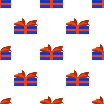 Seamless pattern of gifts in blue boxes with red ribbon. Stock Illustration
