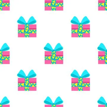 Seamless pattern of gifts in pink boxes with blue ribbon. Stock Illustration