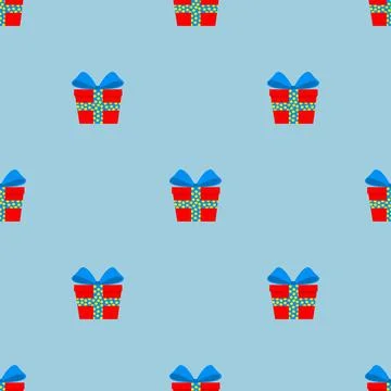 Seamless pattern of gifts in red boxes with a blue ribbon. Stock Illustration