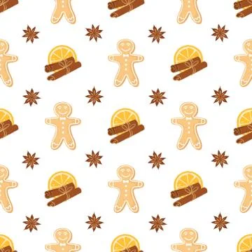 Seamless pattern of ginger cookies, anise, oranges and cinnamon. Homemade Stock Illustration