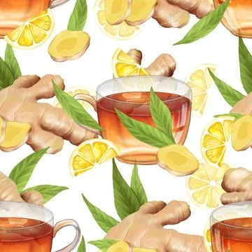 Seamless pattern with ginger, lemon, and tea cup. Hand drawn background. S... Stock Photos