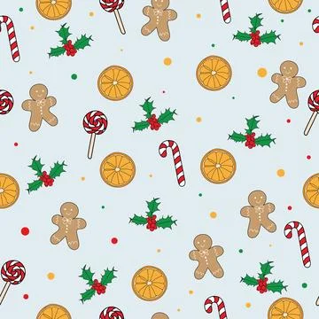 Seamless pattern with ginger men, candy cane and lollipop, orange slices on.. Stock Illustration