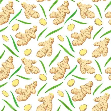 Seamless pattern with ginger roots, slices and leaves. Vector illustration. Stock Illustration