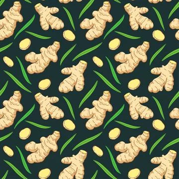 Seamless pattern with ginger roots, slices and leaves. Vector illustration. Illustrazione stock