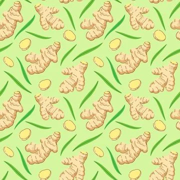 Seamless pattern with ginger roots, slices and leaves. Vector illustration. 库存插图