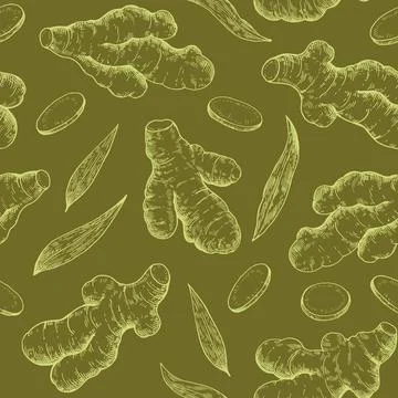 Seamless pattern with ginger roots, slices and leaves in engraving style. B.. Illustrazione stock