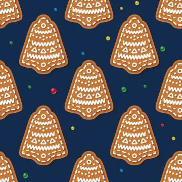 Seamless Pattern with Gingerbread Bell Isolated on Blue. 스톡 일러스트