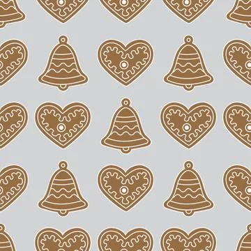 Seamless pattern with gingerbread bells and hearts Stock Illustration