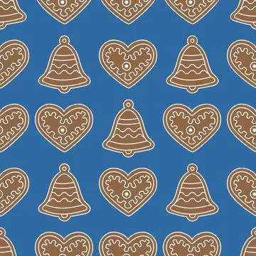 Seamless pattern with gingerbread bells and hearts Stock Illustration