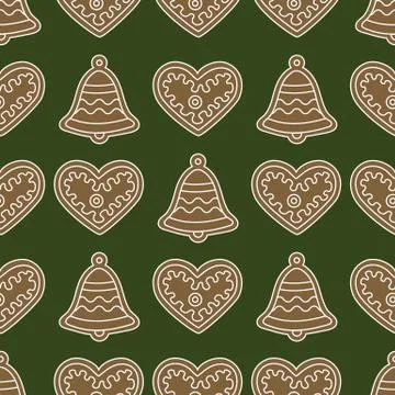 Seamless pattern with gingerbread bells and hearts Illustrazione stock