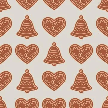 Seamless pattern with gingerbread bells and hearts Stock Illustration