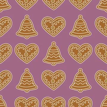Seamless pattern with gingerbread bells and hearts Stock Illustration