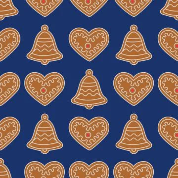 Seamless pattern with gingerbread bells and hearts Illustrazione stock