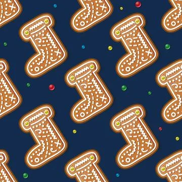 Seamless Pattern with Gingerbread Boot on Blue. Christmas Cookie. Illustrazione stock
