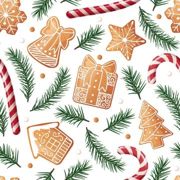 Seamless pattern with gingerbread, candy cane and fir branches. Suitable for  스톡 일러스트