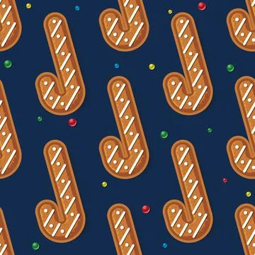 Seamless Pattern with Gingerbread Candy Canes on Blue. Christmas Cookie. 스톡 일러스트