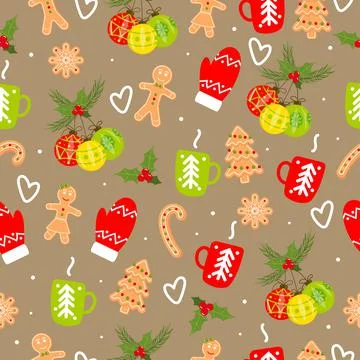 Seamless pattern with gingerbread, Christmas balls イラスト素材