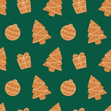 Seamless pattern with gingerbread Christmas tree cookie Stock Illustration