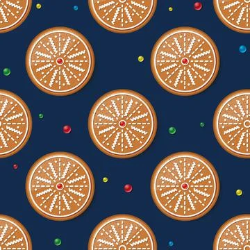 Seamless Pattern with Gingerbread Circle Cookie on Blue. Christmas Bakery. Illustrazione stock
