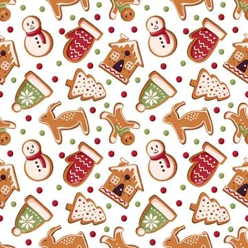 Seamless pattern with gingerbread cookie and candy in cartoon style. Perfect for Stock Illustration