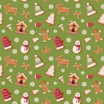 Seamless pattern with gingerbread cookie for Christmas Day and New Year in Stock Illustration