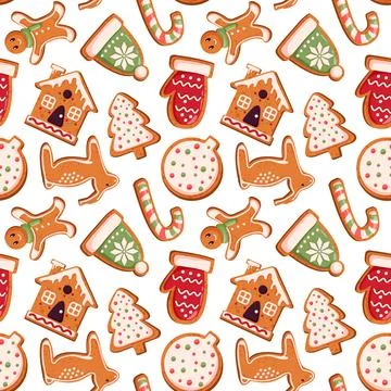 Seamless pattern with gingerbread cookie in festive Christmas shape in cartoon Stock Illustration