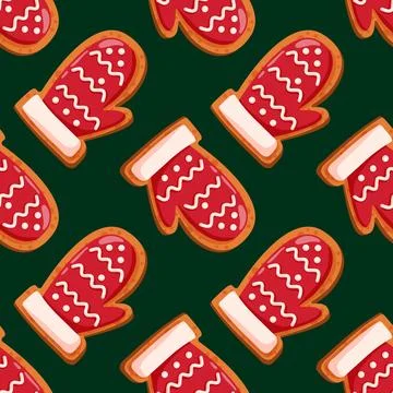 Seamless pattern with gingerbread cookie shape of mitten in cartoon style Stock Illustration
